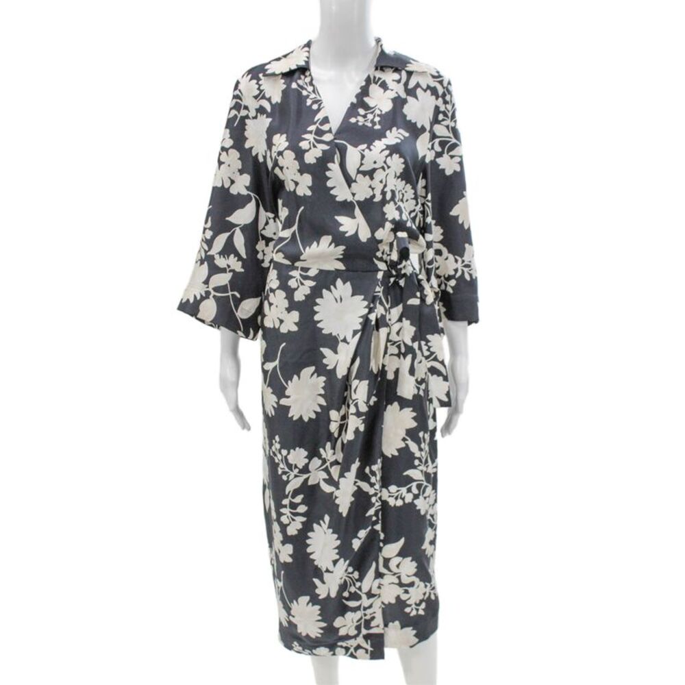 Paola Zuin Women Wrap Dress Silk Gray Collared 3/4 Sleeve Knee Size 40